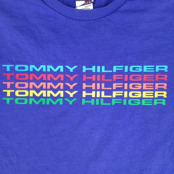 Vintage Tommy Hilfiger T-Shirt Adult XL Blue Made in USA Colorful Spell Out - Picture 4 of 11